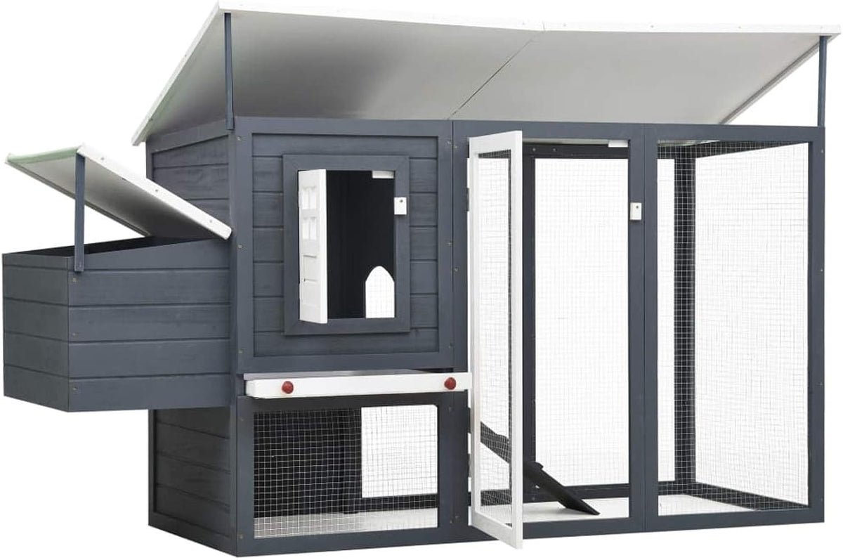 Outdoor Rabbit Hutch Large Wooden with Closed Door and Chicken Coop with 1 Egg Cage, Wood, Grey, Waterproof