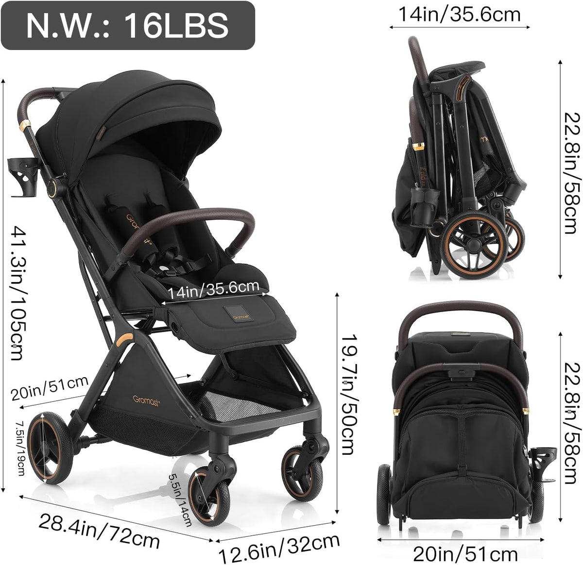 Gromast Gravity Opvouwbare babybuggy met verstelbare rugleuning en zonnedak, lichtgewicht en uv-bescherming, met één hand automatisch inklapbaar, zwart