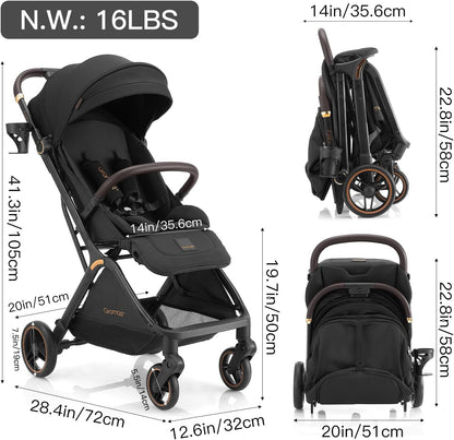 Gromast Gravity Opvouwbare babybuggy met verstelbare rugleuning en zonnedak, lichtgewicht en uv-bescherming, met één hand automatisch inklapbaar, zwart