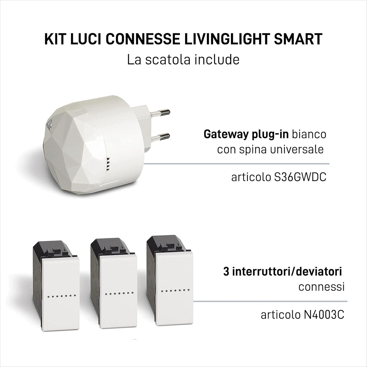 BTicino Livinglight SN3601KIT Smart lichtset, voor in- en uitschakelen van de lichten via app of met Alexa, Google en Siri, met 1 gateway plug-in wit S36GWDC en 3 aangesloten witte schakelaars N4003C