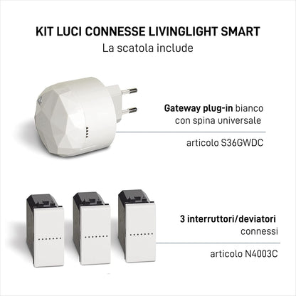 BTicino Livinglight SN3601KIT Smart lichtset, voor in- en uitschakelen van de lichten via app of met Alexa, Google en Siri, met 1 gateway plug-in wit S36GWDC en 3 aangesloten witte schakelaars N4003C