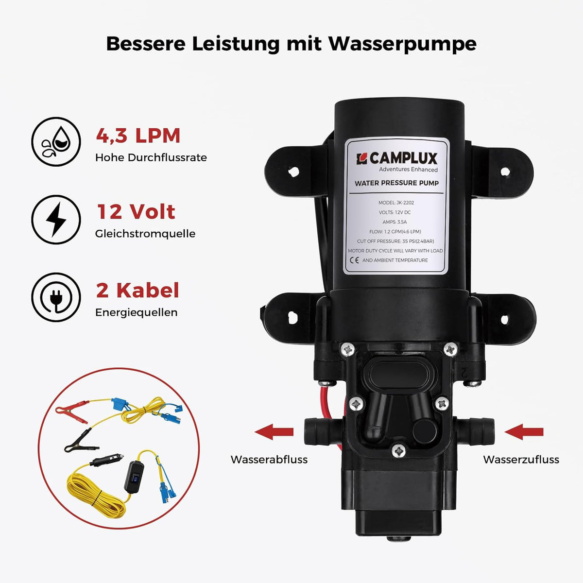 CAMPLUX AY132Max-DE Gasdoorstroomboiler, 5 liter, met steun en waterpomp, LPG, 50 mbar, voor campingdouche/camperuitstapjes, met draagtas