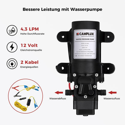 CAMPLUX AY132Max-DE Gasdoorstroomboiler, 5 liter, met steun en waterpomp, LPG, 50 mbar, voor campingdouche/camperuitstapjes, met draagtas