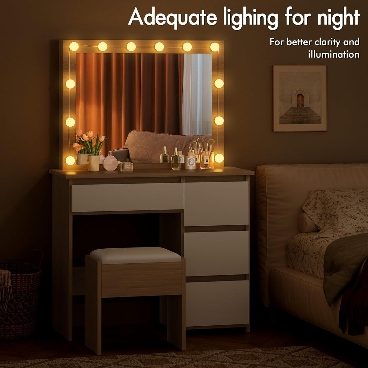Make-uptafel – Kaptafel – Schminktisch – Make-up tafel – Make-up bureau – 4 Laden Opbergruimte – Verstelbare 12 LED Lampen