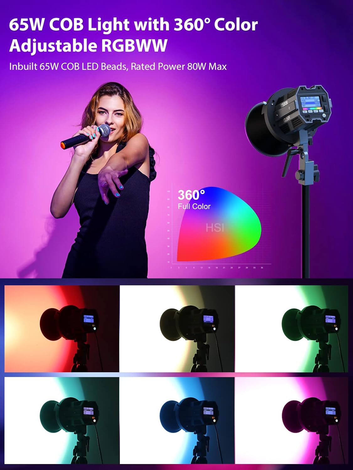 COLBOR CL60R RGB COB Video Light 65 W 2700 K-6500 K LED continu licht TLCT97+ CRI97+ 13 lichteffecten met app-besturing Bowens Mount voor fotografie, videolicht-RGB-led-lamp