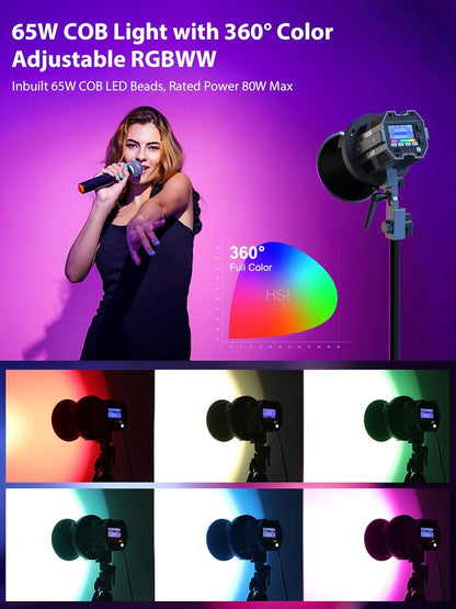 COLBOR CL60R RGB COB Video Light 65 W 2700 K-6500 K LED continu licht TLCT97+ CRI97+ 13 lichteffecten met app-besturing Bowens Mount voor fotografie, videolicht-RGB-led-lamp