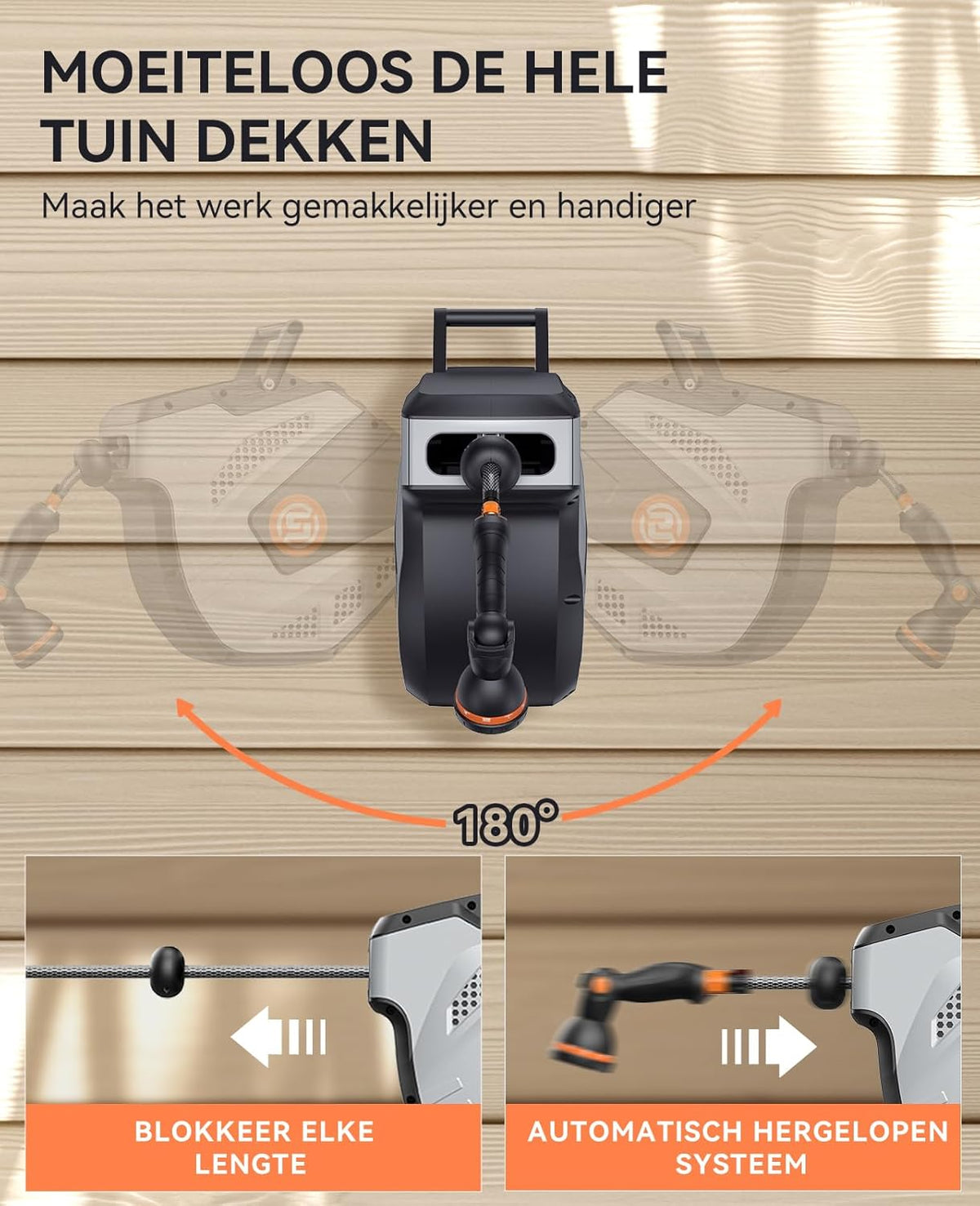 SUNPOW Slanghaspel voor Wandmontage - 35mx12mm - Willekeurige Lengte Vergrendeling, Automatisch Oprolsysteem, 180° Draaibare Beugel - 19mm Aansluiting en 10-Functie Sproeikop - Grijs