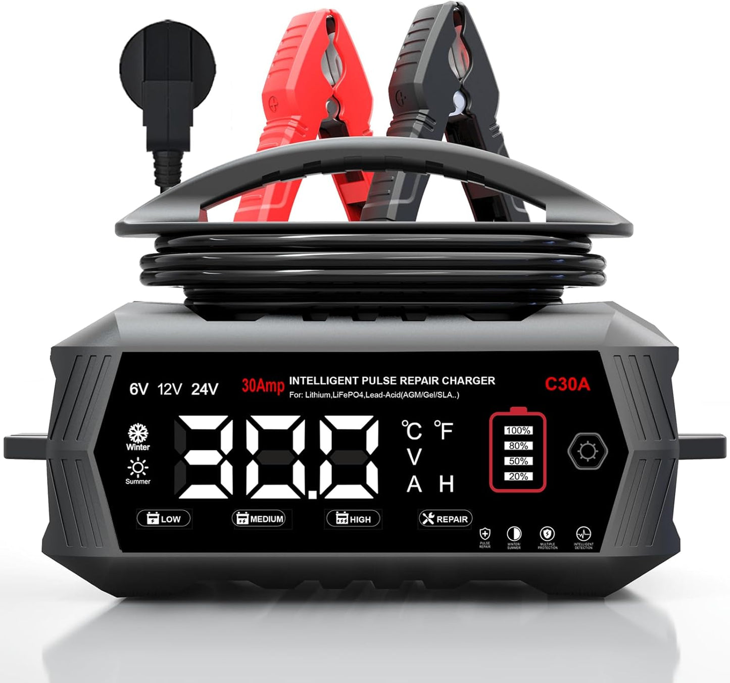 Autoacculader – Acculader – Batterijlader – Oplader – 30A Multi-Volt – Intelligent Laden Met LCD-Display – Herstelmode Voor Loodzuuraccu’s