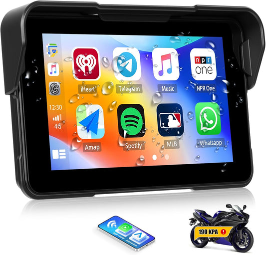 Draagbaar CarPlay GPS-scherm voor motorfietsen met draadloze CarPlay Android Auto, 5 inch navigatie voor motorfietsen, waterdicht IP68 met Bluetooth Siri TF-poort + bandenspanningsdetectie