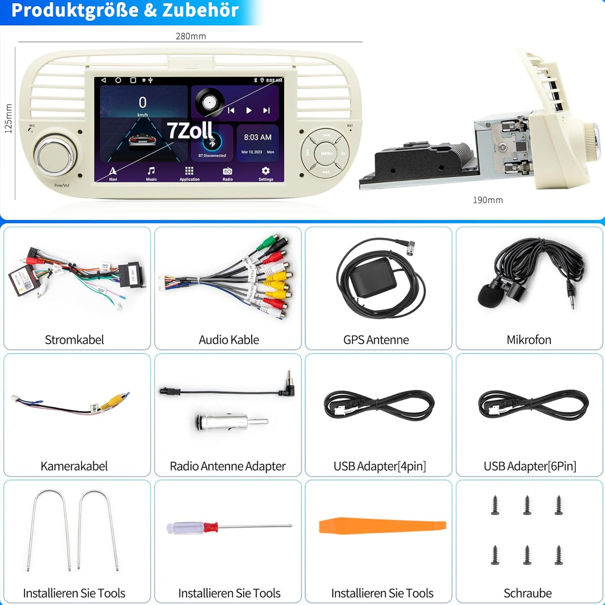 Autoradio FIAT 500 – Autoradio Multimedia – Auto Stereo – Navigatiesysteem – Inbouwradio – Android 13 Systeem – 7 Inch IPS Touchscreen – GPS Navigatie Met Offline Kaarten