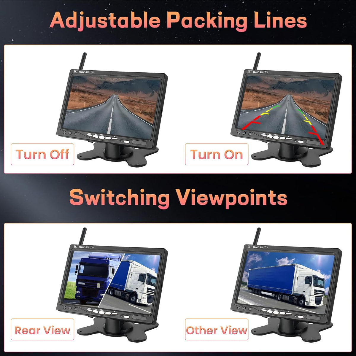 7 inch Draadloos Achteruitrijcamera Systeem – Achteruitrijcamera – Parkeercamera – Campercamera – Truckcamera – 2 Camera’s Met Split-Screen – IP67 Waterdicht & Nachtvisie – 12-24V - QUORE