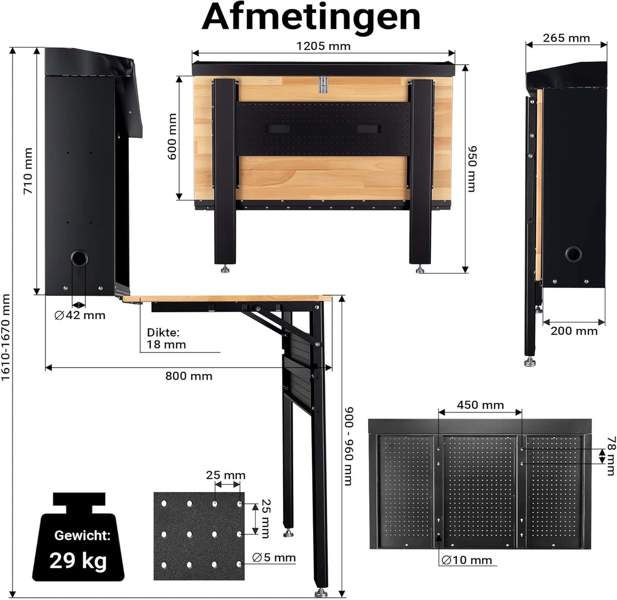 Wiltec werkbank voor wandmontage tot 200 kg, inklapbare gereedschapsbank 120,5 x 82,5 x 162 cm met geperforeerde plaat als achterwand