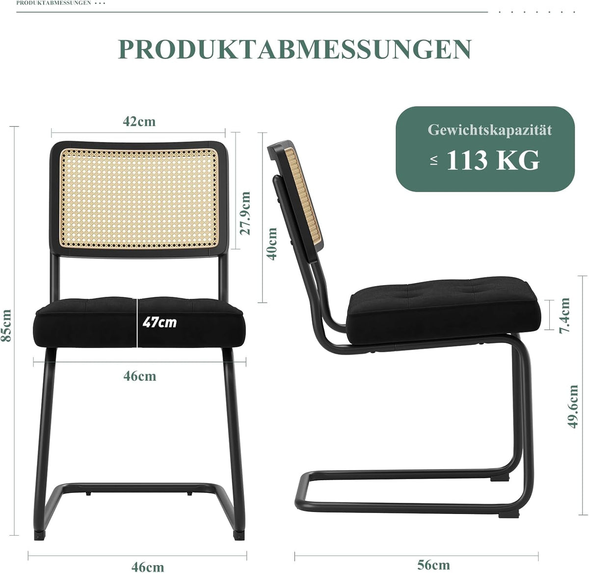 COLAMY Rotan eettafelstoelen, set van 2, fluwelen bekleding met metalen frame, zwart