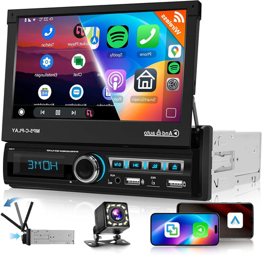 Autoradio 1-DIN – Autoradio Met Scherm – Multimedia Systeem – Inbouw Radio – Auto Stereo – Draadloze CarPlay & Android Auto – 7 Inch Uitschuifbaar HD Touchscreen
