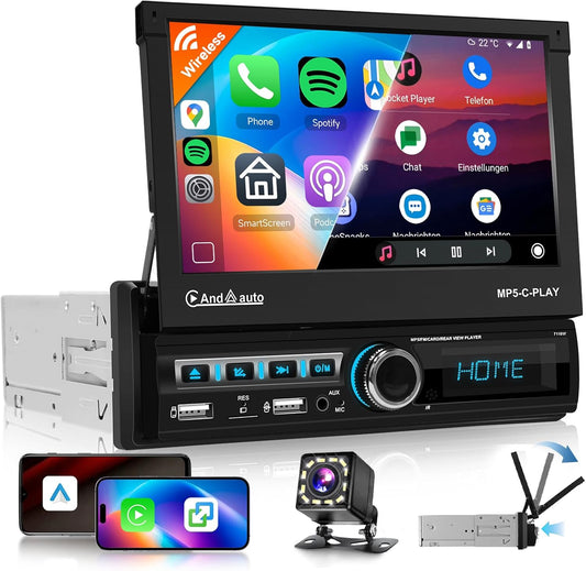 Autoradio 1 Din Carplay Android Auto Draadloos met 7 inch elektrisch uitschuifbaar scherm,1-DIN radio FM met Bluetooth,GPS/Navi,Mirror Link,2 USB/AUX/SD met achteruitrijcamera,stuurwielbediening