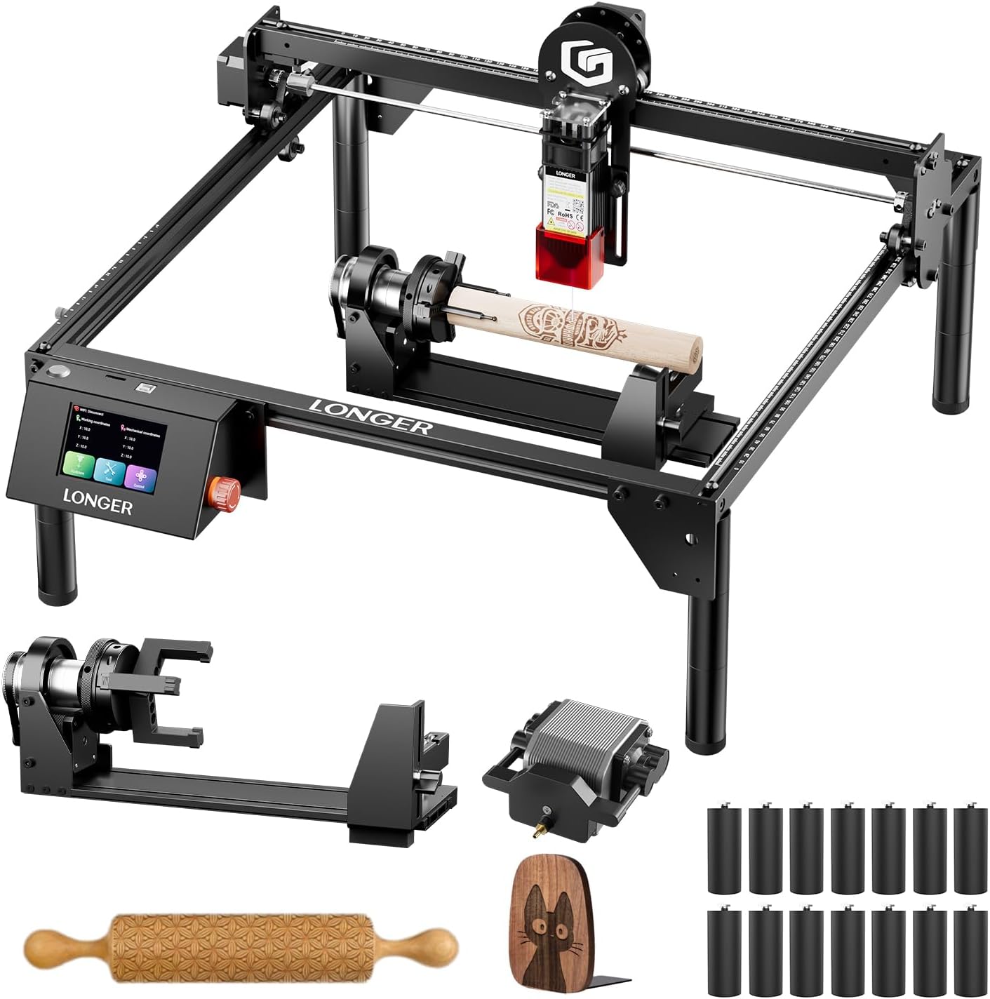 LONGER 5 W lasergraveerder met luchtondersteuningsset, CNC-snijmachine en lasergravure op hout, metaal en glas, werkoppervlak 400 × 400 mm, met 3-in-1 draaibare rol