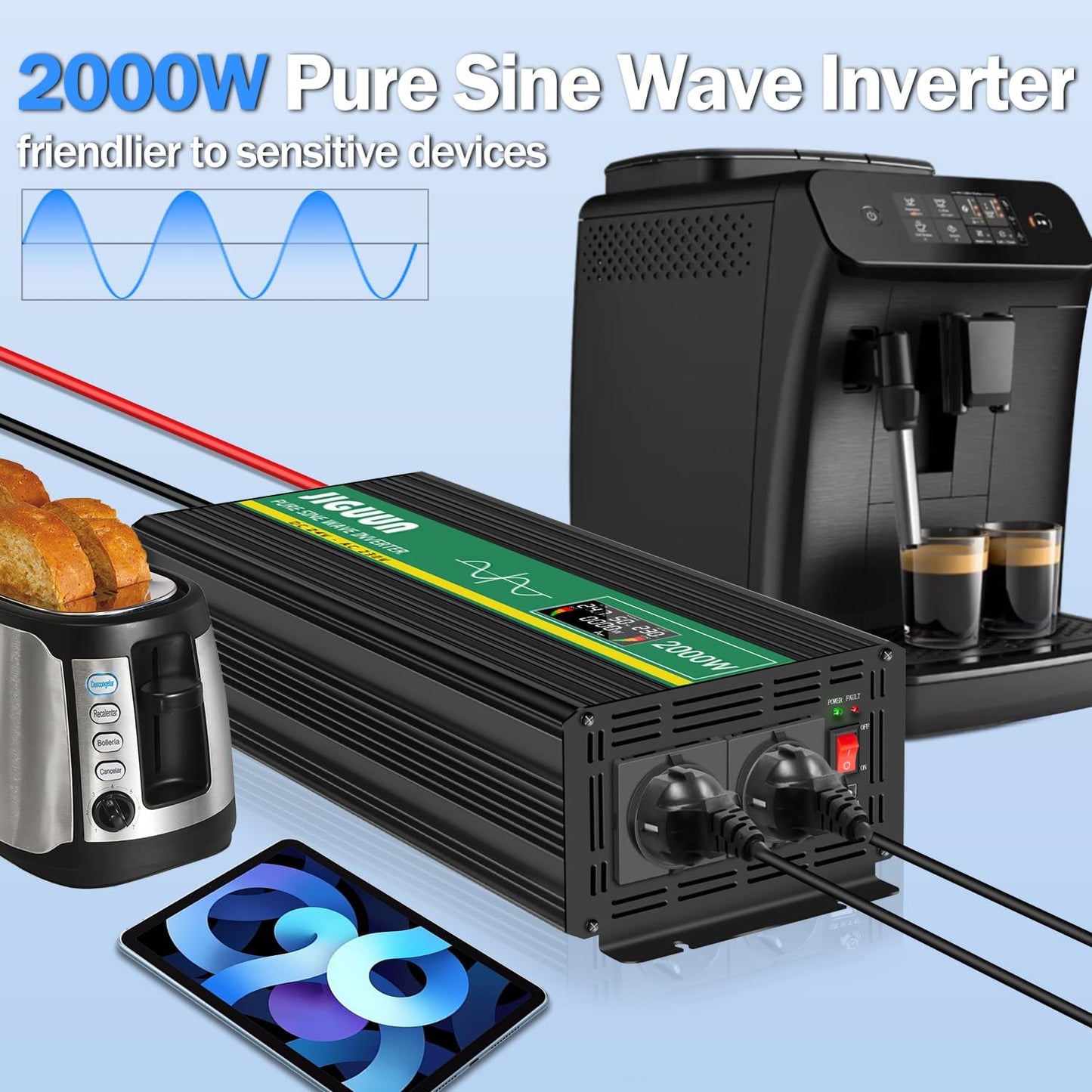 JIGUUN 2000W/4000W omvormer 24v naar 230v zuivere sinus Converter power inverter met draadloze afstandsbediening LCD-scherm 2 EU & 1 USB-poort voor auto, camping, reizen,noodgeval