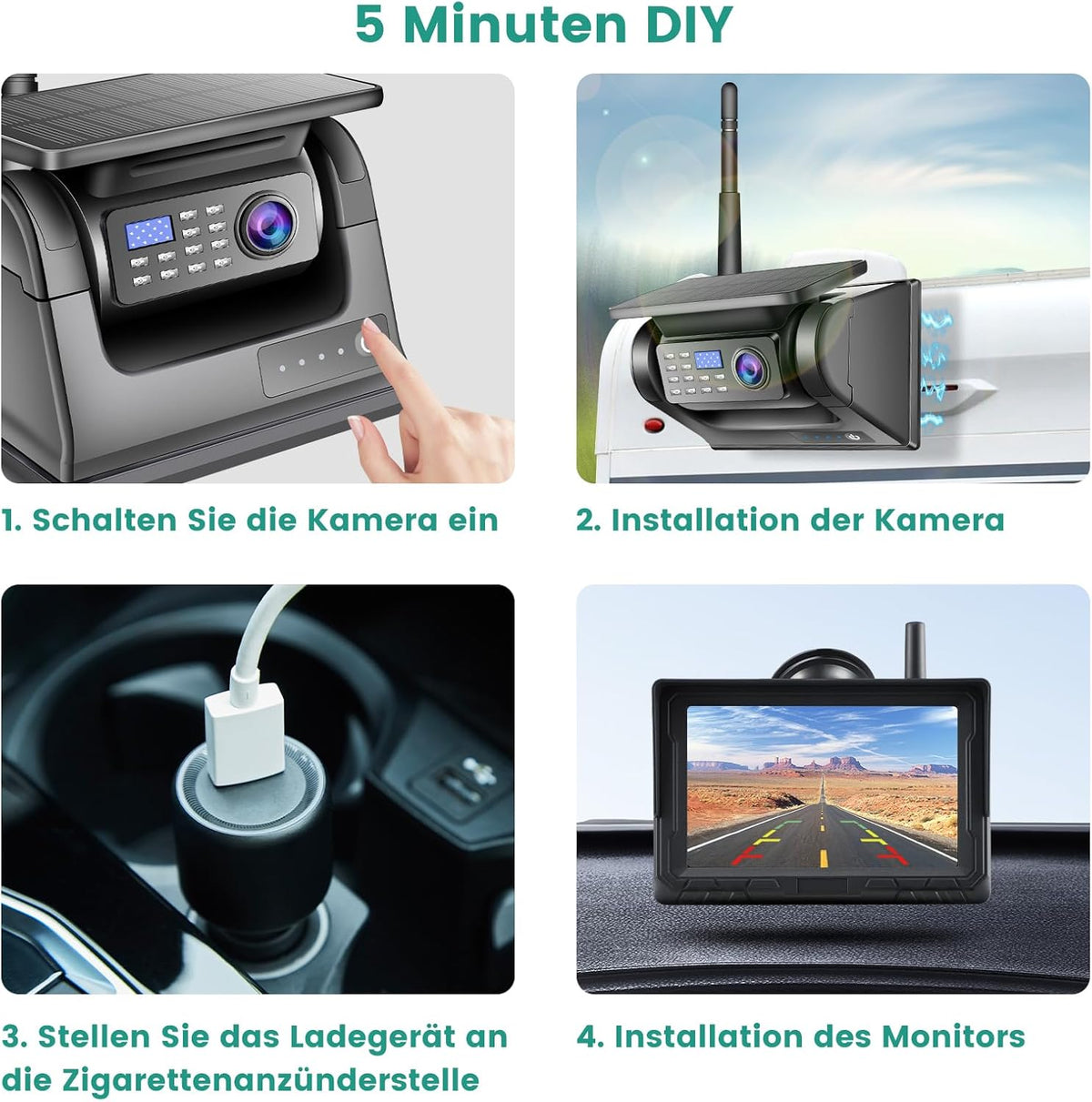 Magnetische draadloze achteruitrijcamera op zonne-energie, 5 inch monitor, AHD 1080P, achteruitrijcamera, oplaadbare batterij, geen bedrading, geen boren, draadloze back-upcamera voor