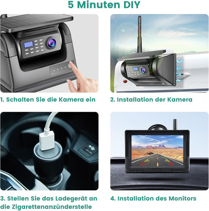 Magnetische draadloze achteruitrijcamera op zonne-energie, 5 inch monitor, AHD 1080P, achteruitrijcamera, oplaadbare batterij, geen bedrading, geen boren, draadloze back-upcamera voor