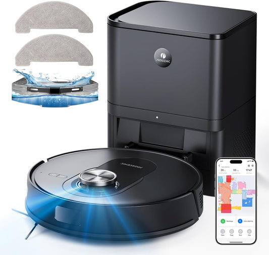 Proscenic Q8 Max Robotstofzuiger met dweilfunctie, 6000 Pa, 200 min stofzuiger, robot met afzuigstation, 3 liter stofzak, intelligente lasernavigatie met 5 kaarten, bediening via app, Alexa, Google