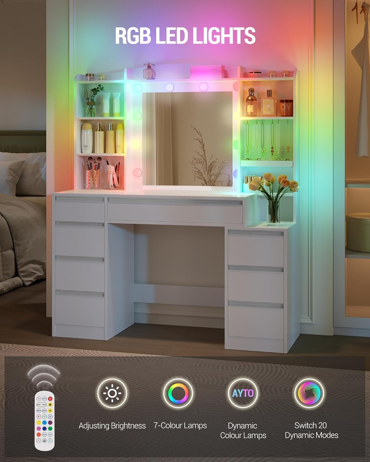 Hzuaneri Makeup table with 8 drawers, large mirror with RGB LED lighting, integrated jewellery shelf, 100 cm wide worktop with bedside table, white DT41103XEU