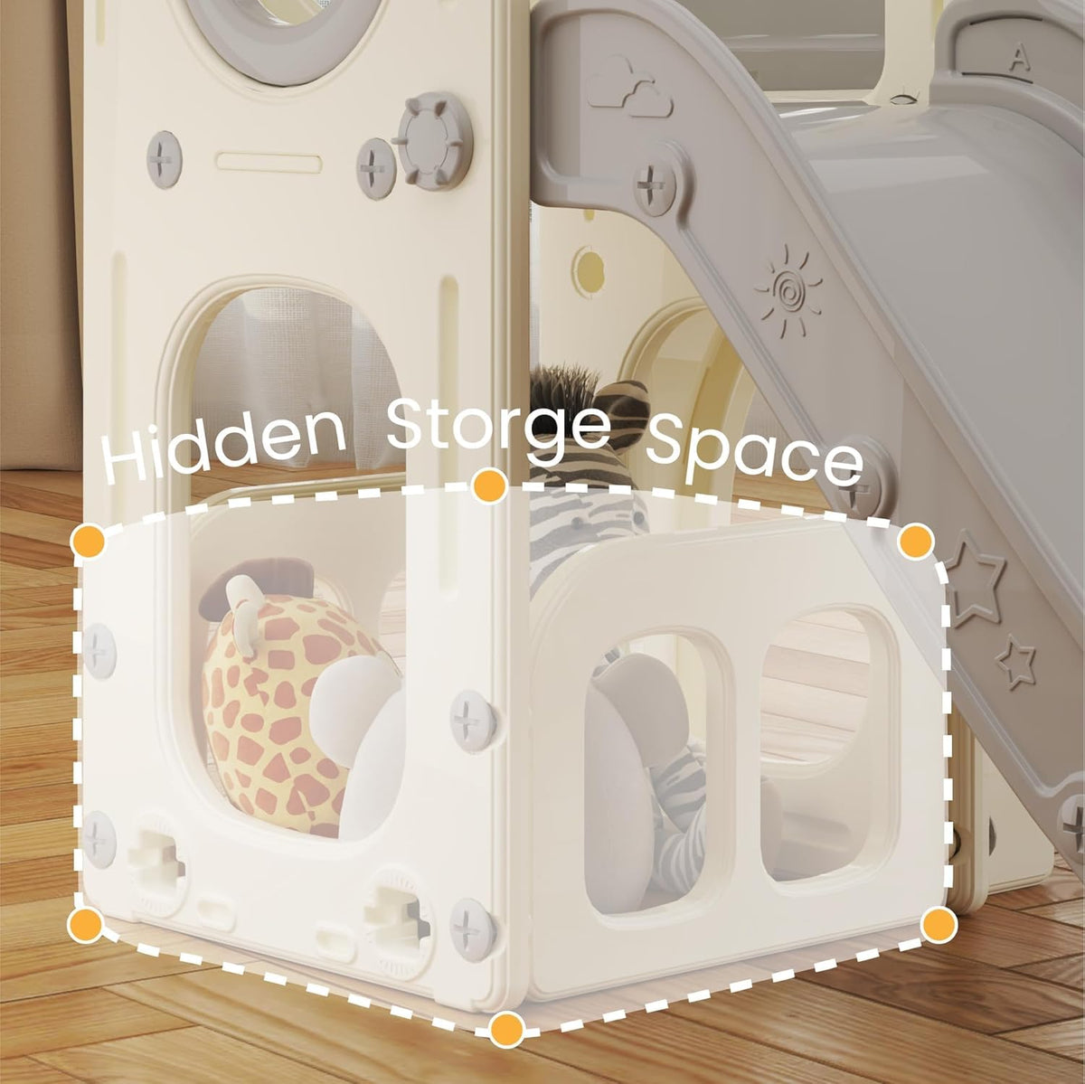 Kinderglijbaan met klimladder, basketbalkorf en tunnel, kunststof glijbaan voor binnen voor kinderen, Montessori-spelletjes voor speelplaats, grijs