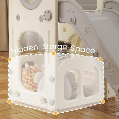 Kinderglijbaan met klimladder, basketbalkorf en tunnel, kunststof glijbaan voor binnen voor kinderen, Montessori-spelletjes voor speelplaats, grijs