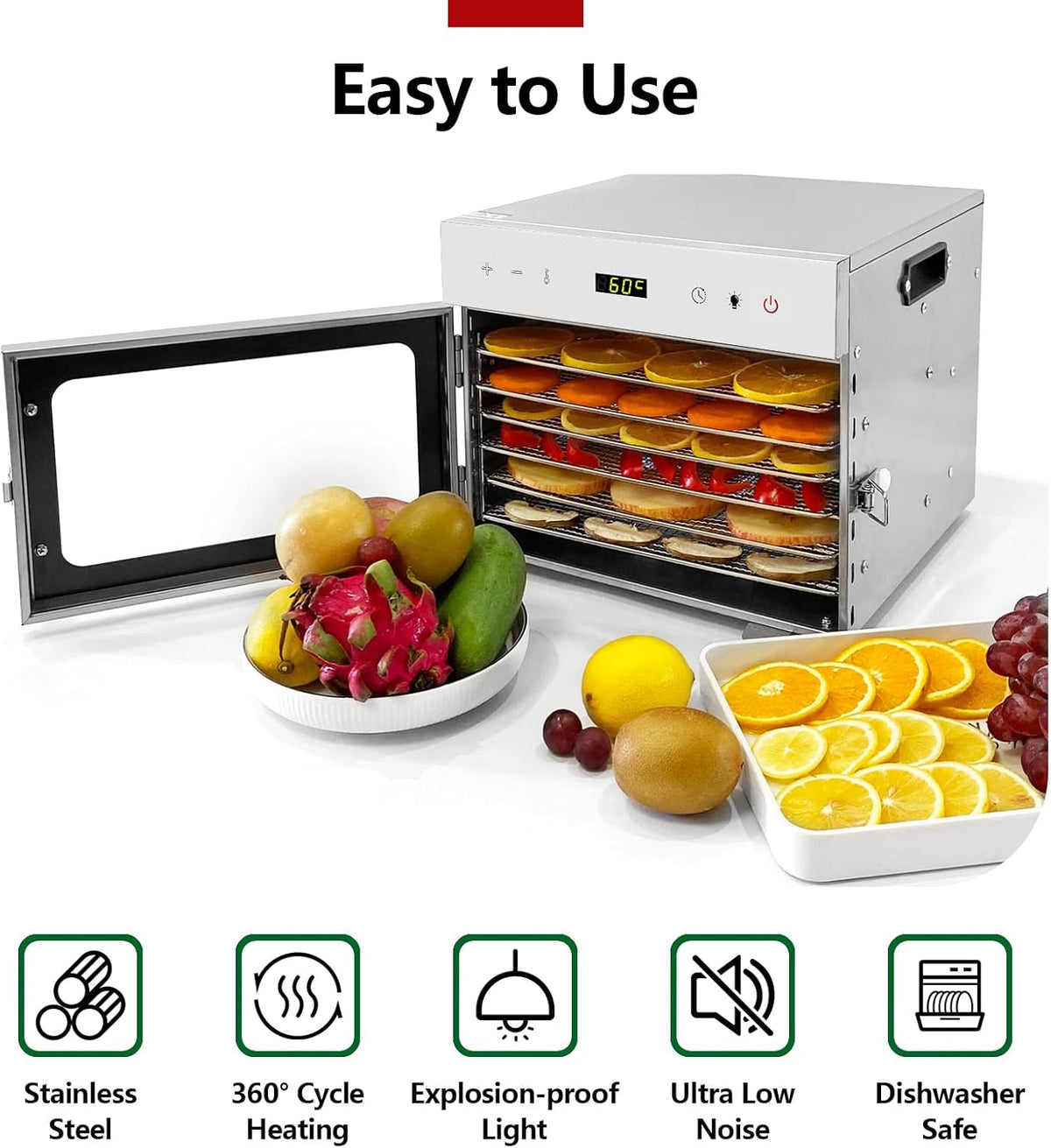 Fruitdroger van roestvrij staal, met 6 planken en gratis receptenboek, BPA-vrij, temperatuurinstelling 30-90 °C, max. 24 uur, droogapparaat voor groenten, vlees, chili, 400 watt