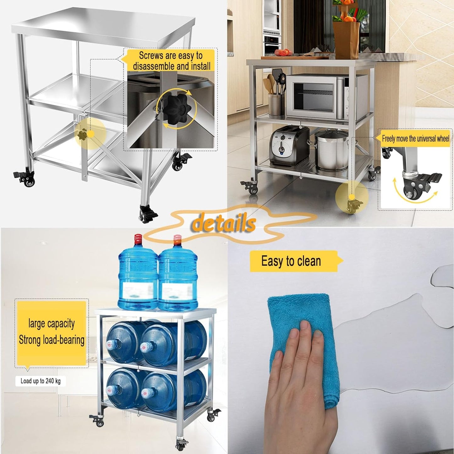 AMSXNOO Serveerwagen roestvrij staal, 3 planken opvouwbare transportwagen opslag rek rek keukentrolley trolley met wielen, multifunctionele trolley voor restaurant hotel school huishoudelijke wagen