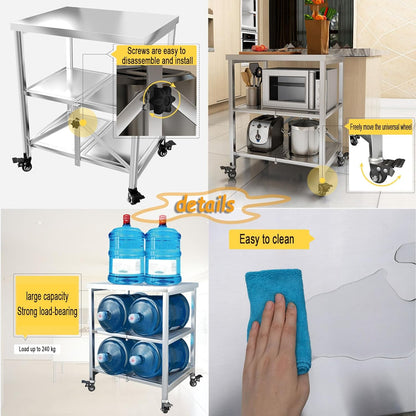 AMSXNOO Serveerwagen roestvrij staal, 3 planken opvouwbare transportwagen opslag rek rek keukentrolley trolley met wielen, multifunctionele trolley voor restaurant hotel school huishoudelijke wagen