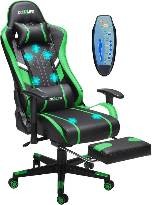 Douxlife Gamingstoel met 7-punts massage, voetensteun, ergonomische bureaustoel van 180 kg, rugleuning 90-175 graden, 2D-armleuning, pc-speelstoel voor kinderen en volwassenen, zwart/groen