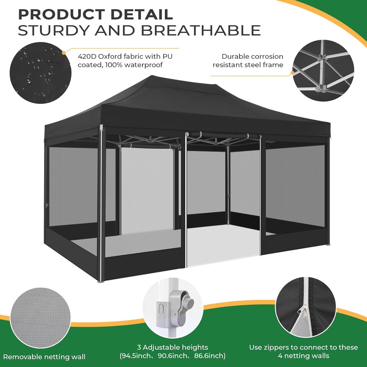 COBIZI Paviljoen, 3 x 4,5 cm, vouwpaviljoen, 3 x 4,5 m, waterdicht, stabiel, met 4 zijwanden, muggennet, partytent, opvouwbaar, pop-up tuinpaviljoen, anti-uv, voor tuin, zwart