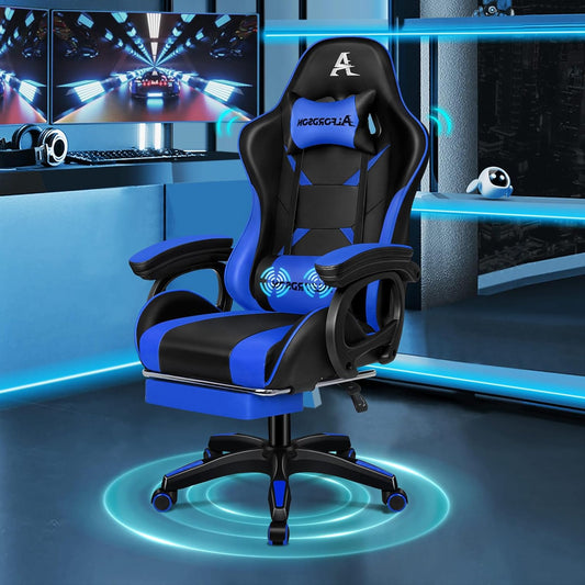 ALFORDSON Gaming Chair, Gaming Chair, Ergonomic Office Chair with 2-Point Massage, Footrest, Adjustable Headrest, Lumbar Support, High Back, 150° Tilt, Blue - QUORE