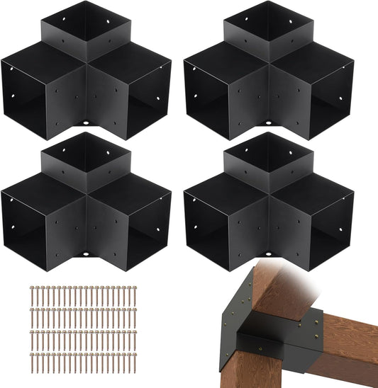 VEVOR Pergola Bracket Set 15×15 cm (Inner Size 14×14 cm), 4 Heavy Duty Triple Corner Brackets for Woodworking, DIY Post Holder Kit, Easy Installation of Wooden Beams at Garden Shed, Pergola and Log Cabin