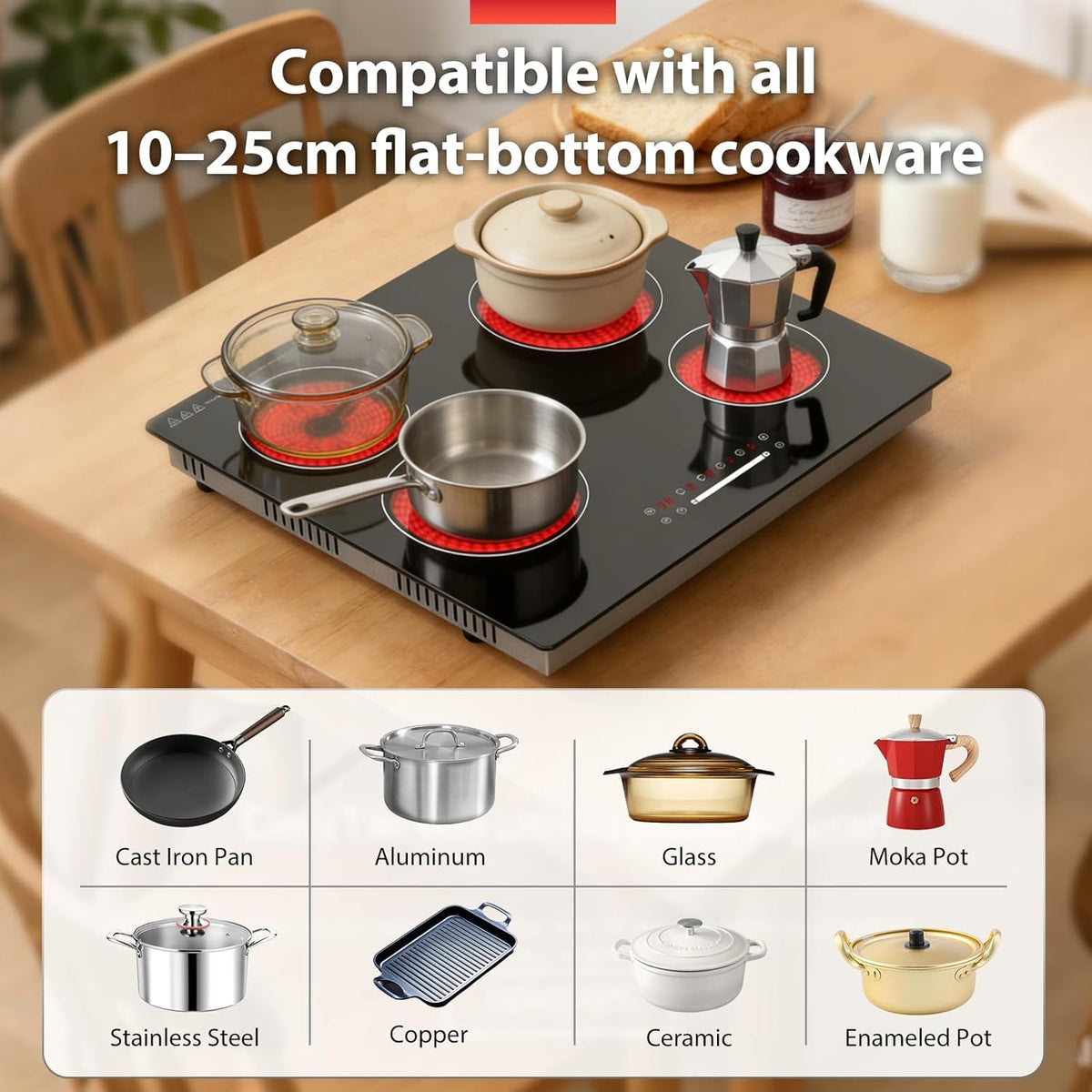 60cm keramische kookplaat 4 zone, 6000W elektrische kookplaat, slider touch control, enkele zone verwarming, ingebouwde kookplaat