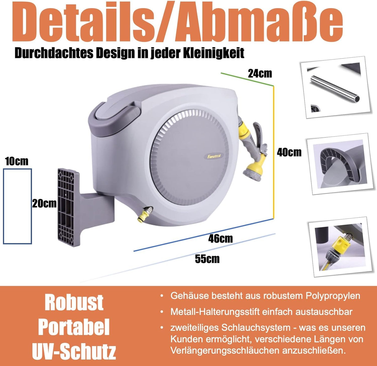 FANZTOOL 35 m + 2 m slanghaspel set met wandhouder incl. 8-functies multi-handdouche | automatisch oprollen | 180° draaibaar | tuinslang RoHS getest