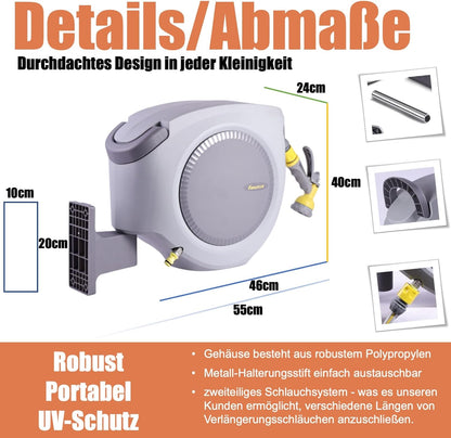 FANZTOOL 35 m + 2 m slanghaspel set met wandhouder incl. 8-functies multi-handdouche | automatisch oprollen | 180° draaibaar | tuinslang RoHS getest