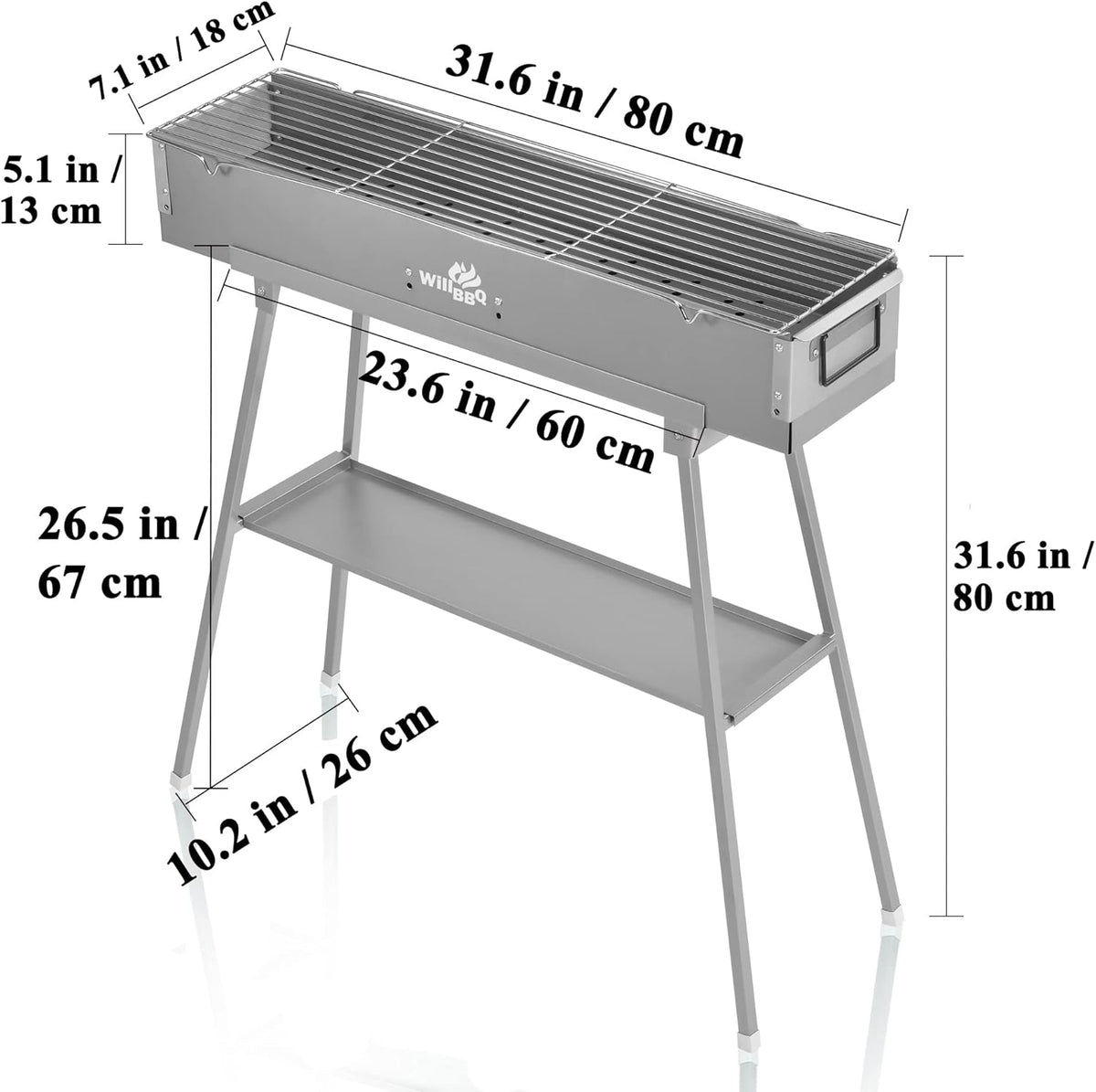 WILLBBQ Commerciële kwaliteit draagbare houtskoolgrills meerdere maten Hibachi BBQ lamspies gevouwen camping barbecue grill voor tuin achtertuin feest picknick reizen buiten koken gebruik (80 x 18 x