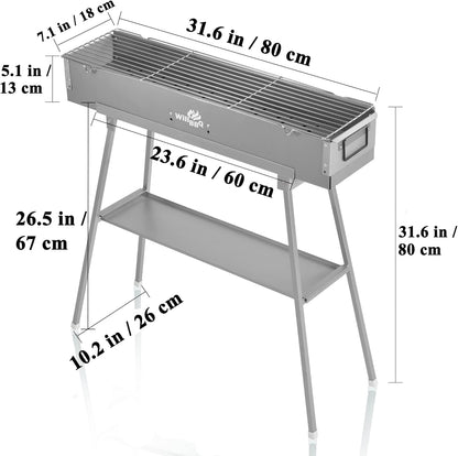 WILLBBQ Commerciële kwaliteit draagbare houtskoolgrills meerdere maten Hibachi BBQ lamspies gevouwen camping barbecue grill voor tuin achtertuin feest picknick reizen buiten koken gebruik (80 x 18 x