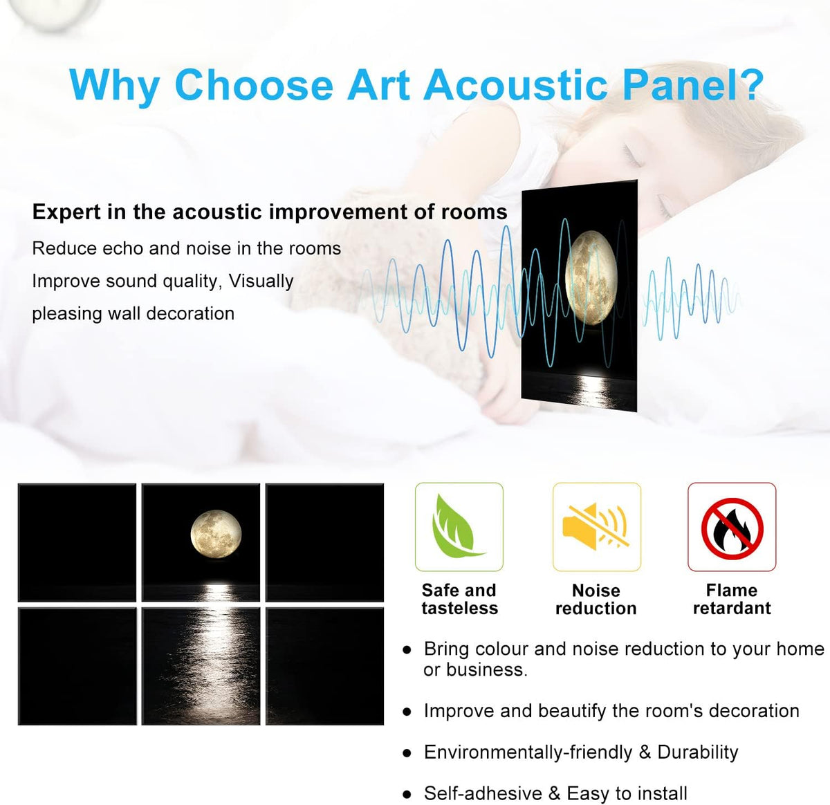 Art akoestische panelen – Akoestische wandpanelen – Geluidsabsorberende panelen – Wandpanelen – Decoratieve wandbekleding – Zelfklevend – 6 stuks 183 x 122 cm – Pale Moon Rises