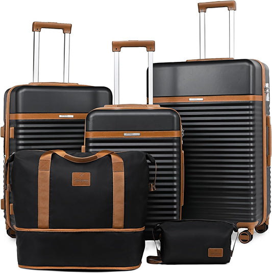 Joyway Kofferset van ABS hardshell uitbreidbare trolley kofferset met 4 wielen en TSA-slot De bagageset bevat 1 reistas en 1 toilettas, zwart, Kofferset 5tlg