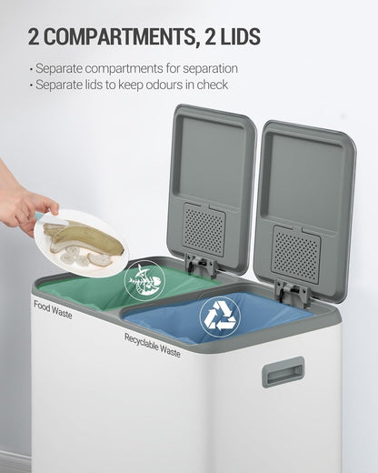 Hzuaneri Kitchen Trash Bin, Waste Separation System, 2 Compartments, 60 L (2 x 30 L), Stainless Steel Kitchen Trash Bin, Pedal Bin, Silent Slow Waste Bag, with 15 Exclusive Waste Bag, White