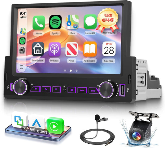 Hodozzy 4G 64GB Android autoradio, 1 Din met draadloze Carplay Android Auto, 7 inch touchscreen, 1 Din autoradio met Navi WLAN Bluetooth Mirror Link FM/RDS-radio, DSP, gedeeld scherm, 2 USB type C