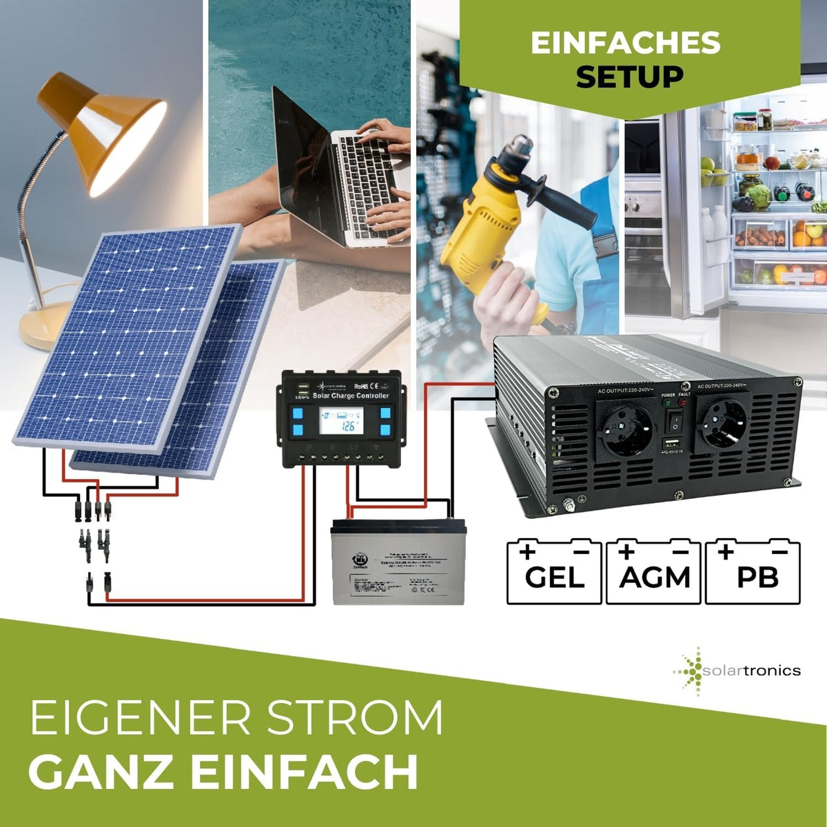 solartronics NM Spanningsomvormer, omvormer, 2000-4000 watt, 12 V naar 230 V, zwart, USB, Schuko, tuin, camping, camper (2000 watt, 12 V)