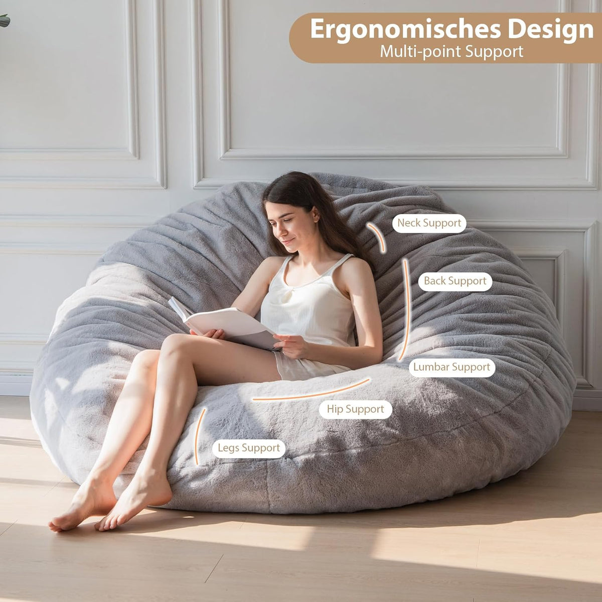 MAXYOYO Bean Bag Bed in Pear Shape Foldable Bean Bag Bed Bean Bag Bed Large Sofa with Plush Cover and Soft Filling for Adults Guests (Grey, 180 x 180 cm)