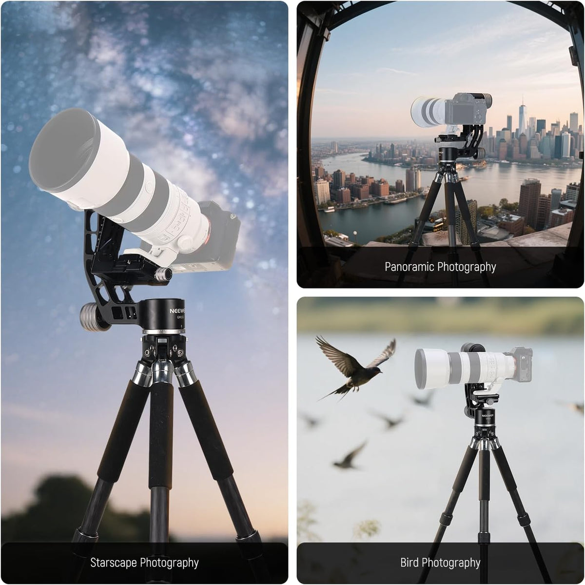 NEEWER GM102 Gimbalkop voor statief, monopod, telelens, 360° panorama-camera-statiefkop, 3-assige instelling, hoogwaardige CNC-aluminiumlegering, Arca-type snelspansysteem, maximaal 15 kg