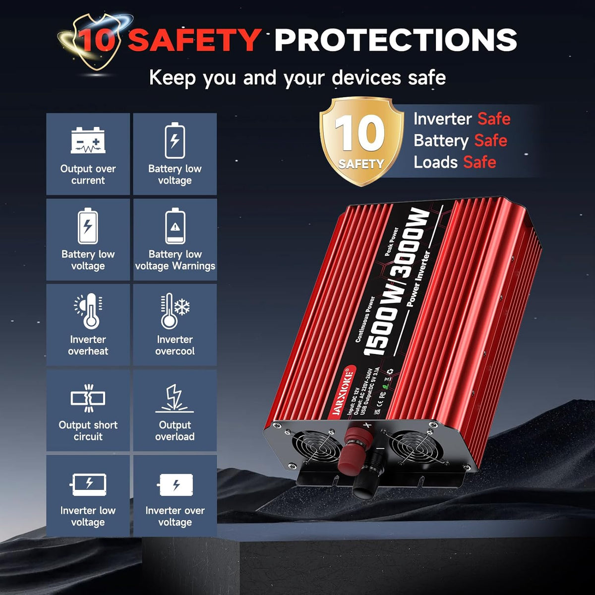 1500 W omvormer DC 12 V naar AC 230 V spanningsomvormer 2 AC stopcontact & USB-poort stroomomvormer met LCD-display, Power Inverter voor auto, auto, caravan, vrachtwagen