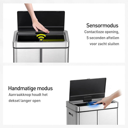 EKO Mirage Prullenbak met sensor 60 L (15+15+30 L), afvalscheiding 3 vakken, recycle afvalbak met automatisch deksel, RVS afvalemmer, 3 binnenemmers, softclose, vuilnisbak, afvalscheidingssysteem