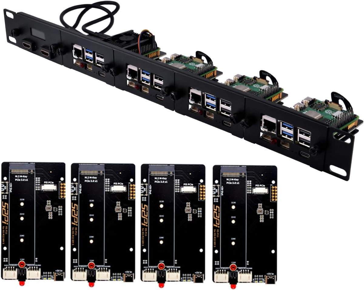 GeeekPi 19" 1U rackmontage voor Raspberry Pi 5, met 4 stuks PCIe naar M.2 NVMe SSD-adapters en OLED-scherm, compatibel met 19 inch serverrek