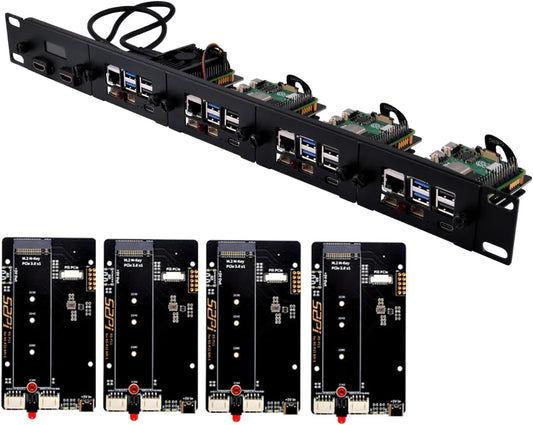 GeeekPi 19" 1U rackmontage voor Raspberry Pi 5, met 4 stuks PCIe naar M.2 NVMe SSD-adapters en OLED-scherm, compatibel met 19 inch serverrek